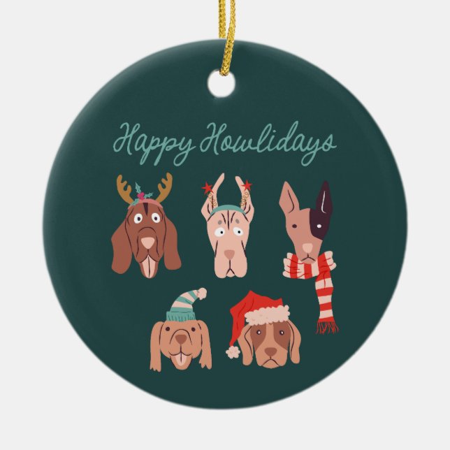 Happy Howlidays Cute Christmas Dogs Ceramic Tree Decoration (Front)