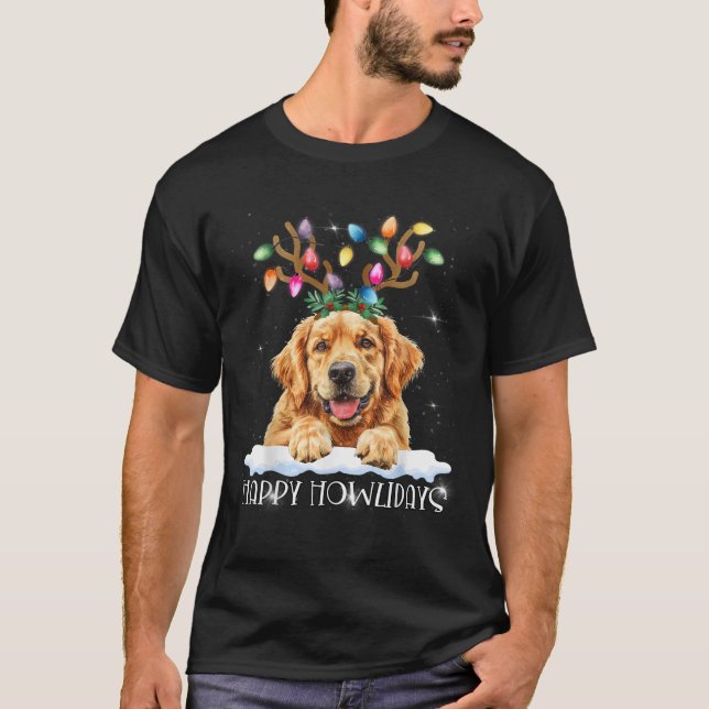 Happy Howlidays Cute Peeking Golden Yellow Retriev T-Shirt (Front)