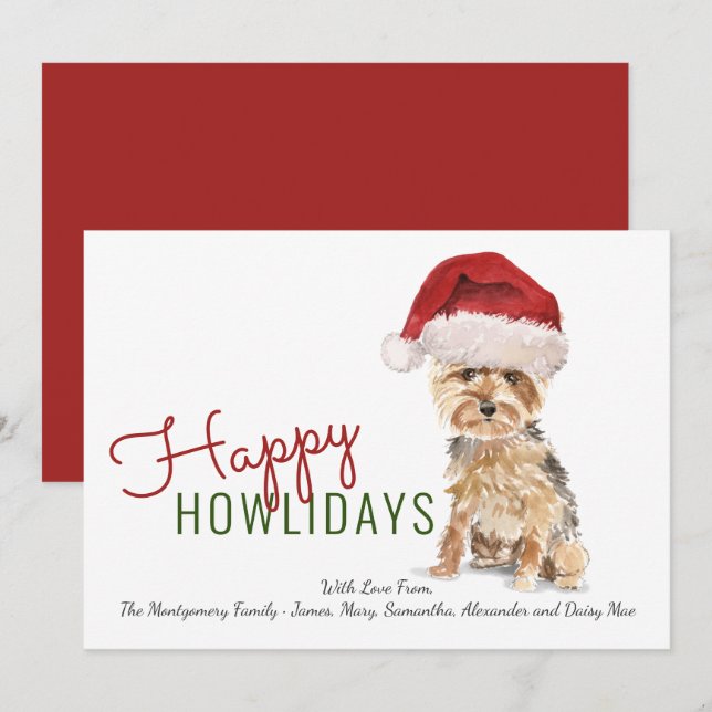 Happy Howlidays Cute Yorkie in Santa Hat Holiday Card (Front/Back)