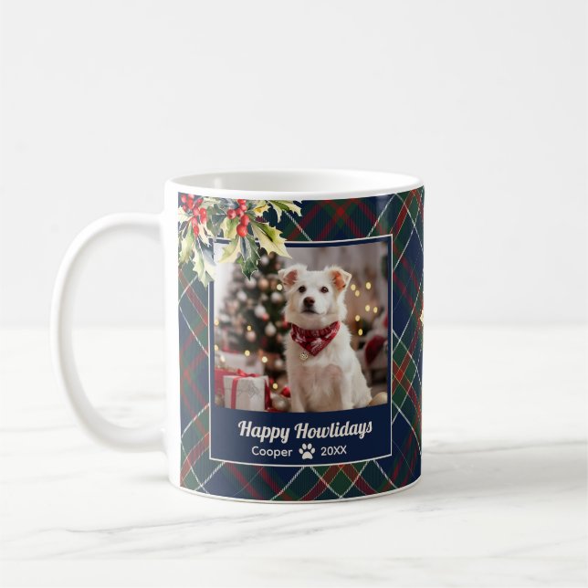Happy Howlidays Dog Blue Green Red Plaid Christmas Coffee Mug (Left)