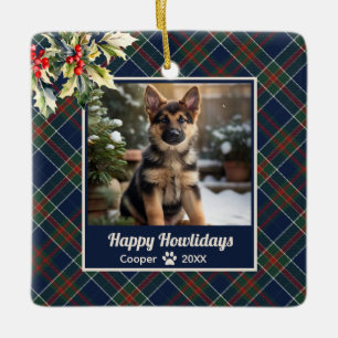 Happy Howlidays Dog Blue Plaid Christmas Ceramic Ornament
