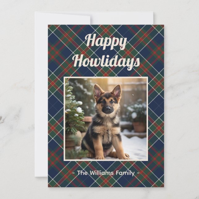Happy Howlidays Dog Blue Plaid Christmas Holiday Card (Front)