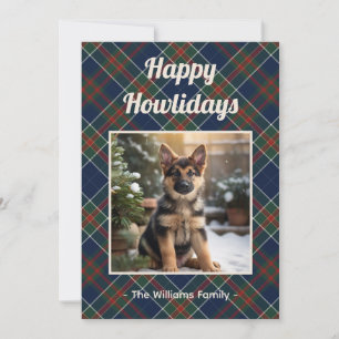 Happy Howlidays Dog Blue Plaid Christmas Holiday Card