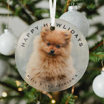 Happy Howlidays Dog Christmas Modern Overlay Photo Glass Tree Decoration<br><div class="desc">Cute dog photo Christmas glass ornament. Featuring a photograph of your choice,  a white overlay border,  the text 'Happy Howlidays' and name/s. All text can easily be changed using the template provided.</div>
