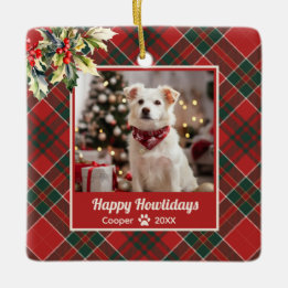 Happy Howlidays Dog Red Plaid Christmas Ceramic Ornament