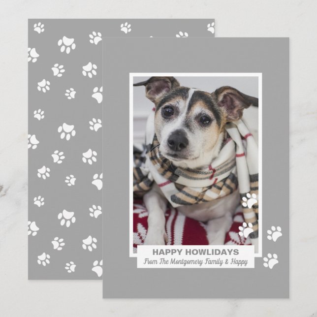 Happy Howlidays Dog with Paw Prints Pet Photo Holiday Card (Front/Back)