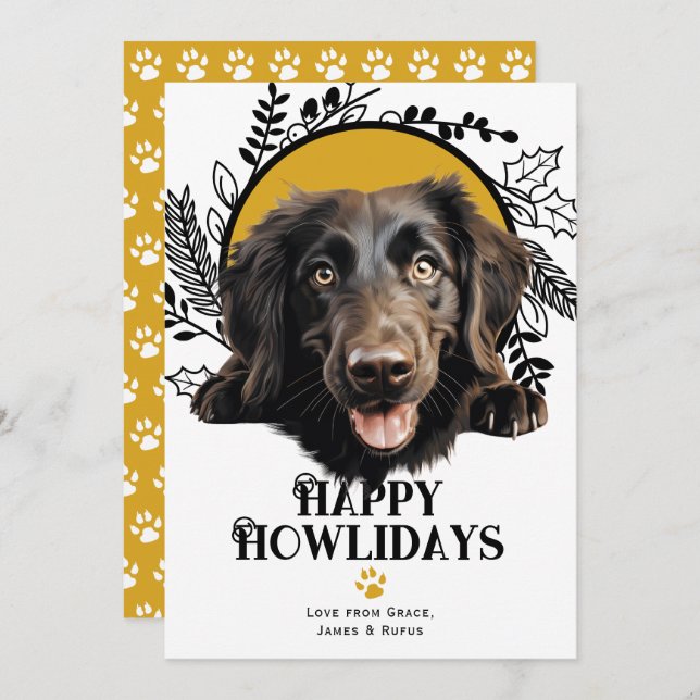 Happy Howlidays Flat-Coated Retriever Christmas Holiday Card (Front/Back)