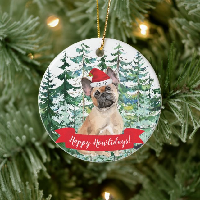 Happy Howlidays French Bulldog Dog Christmas Ornam Ceramic Tree Decoration (Tree)
