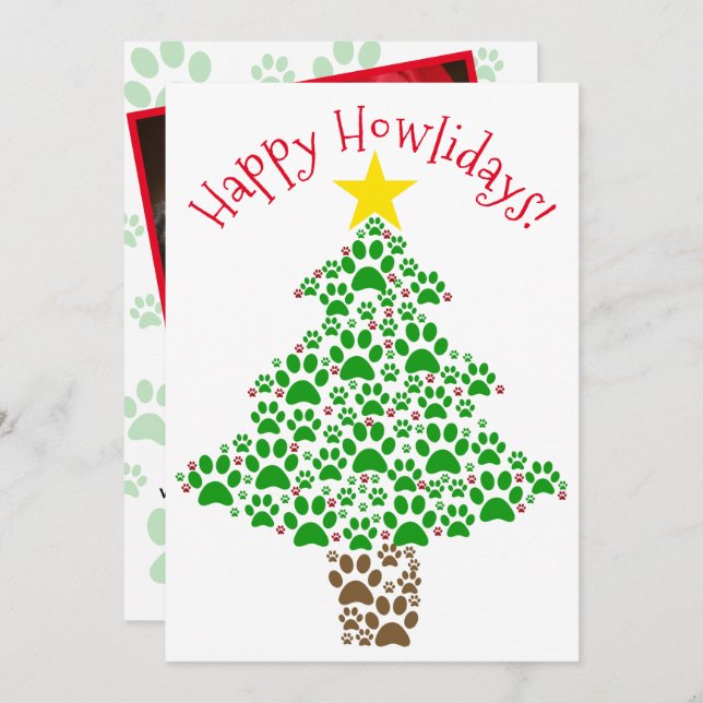 Happy Howlidays Fun Paw Print Christmas Tree Photo Holiday Card (Front/Back)
