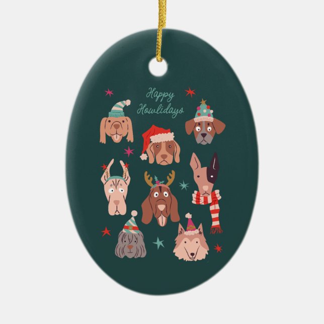 Happy Howlidays Green Christmas Dogs Ceramic Tree Decoration (Front)