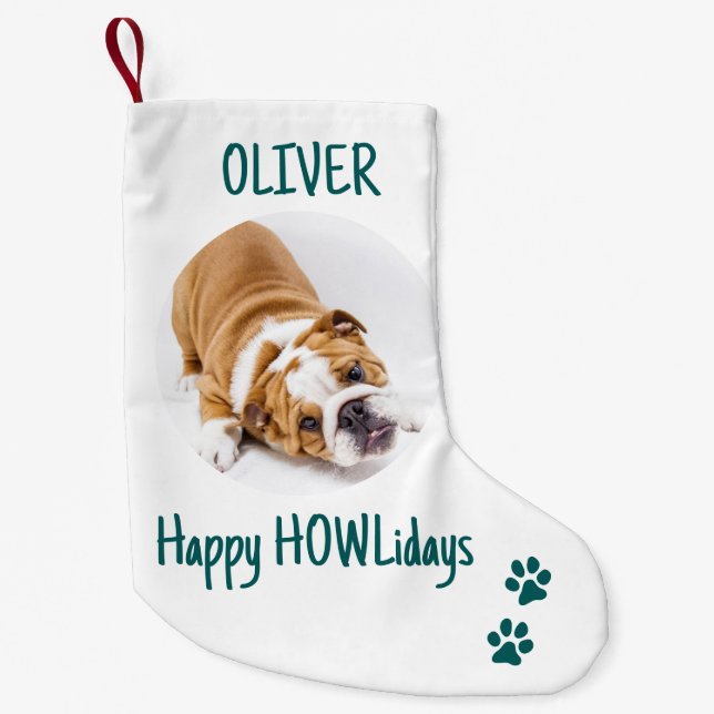 Happy HOWLidays Green Christmas Pet Photo Small Christmas Stocking (Front)