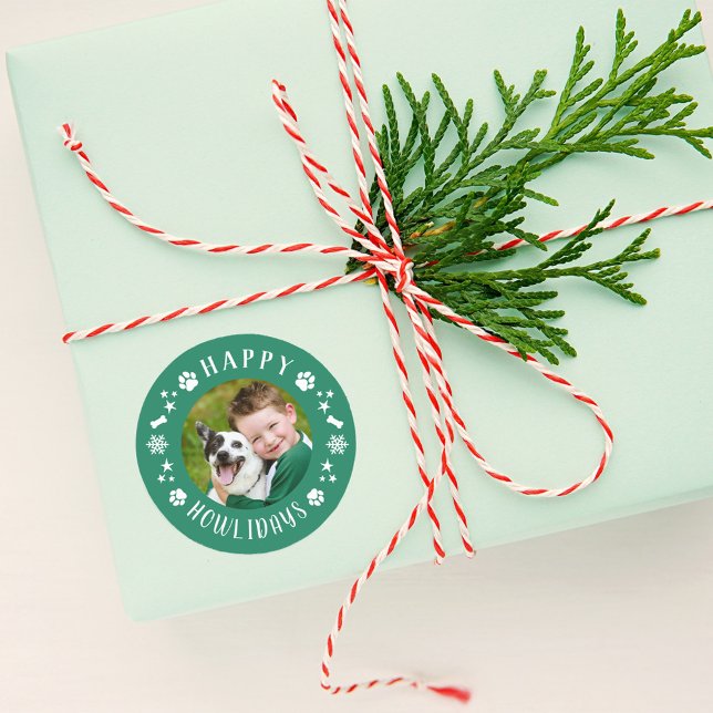 Happy Howlidays Green Pet Dog Photo Classic Round Sticker (Creator Uploaded)