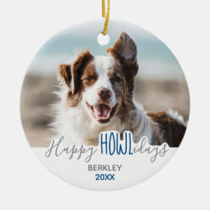 Happy HOWLidays Grey Blue Holiday Pet Photo Ceramic Tree Decoration