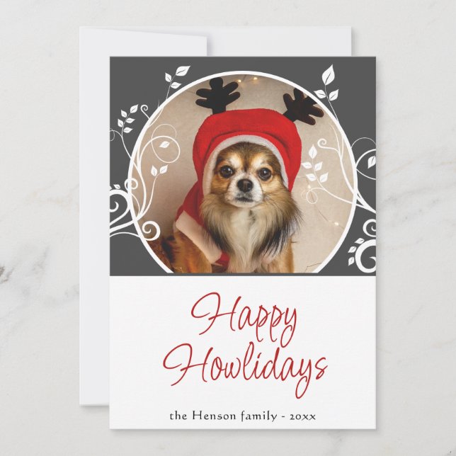 Happy Howlidays Grey Foliage Dog Name Photo  Holiday Card (Front)