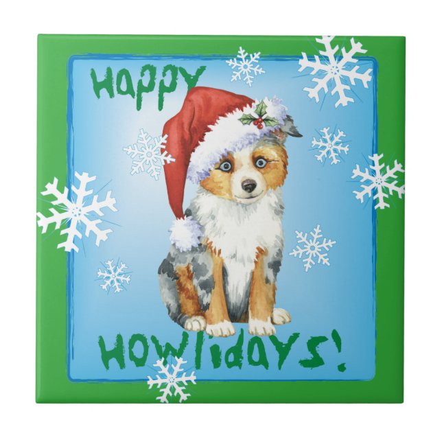 Happy Howlidays Mini American Shepherd Tile (Front)