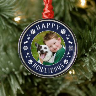 Happy Howlidays Navy Blue Custom Dog Photo Metal Tree Decoration