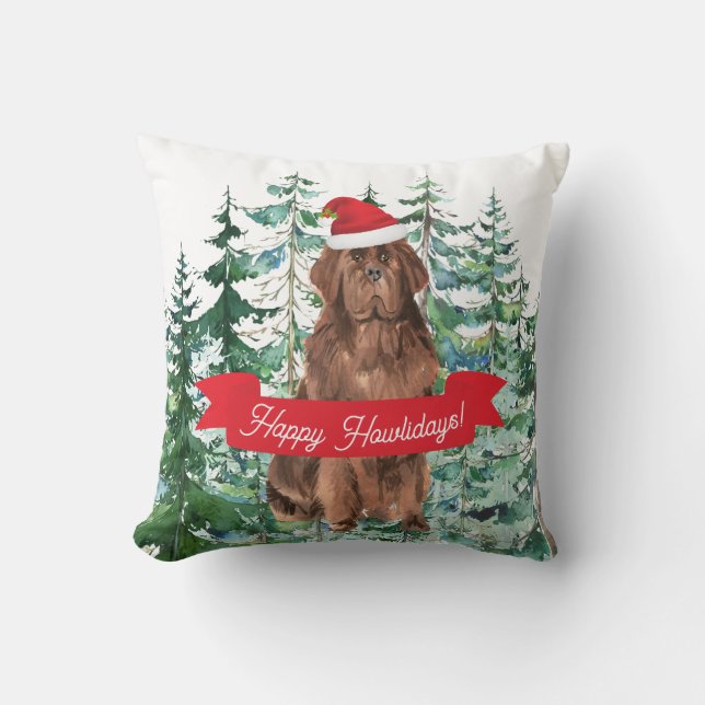 Happy Howlidays Newfoundland Dog Christmas Cushion (Front)
