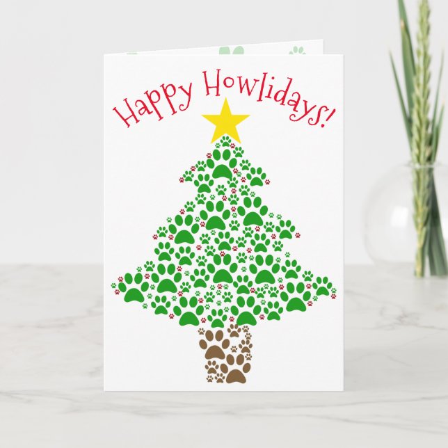 Happy Howlidays Paw Print Christmas Tree Dog Lover Holiday Card (Front)