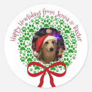Happy Howlidays Paw Print Christmas Wreath Photo Classic Round Sticker