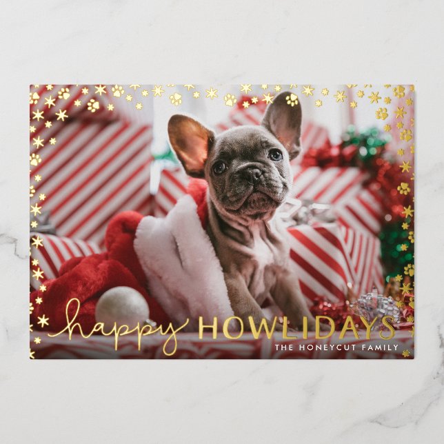 Happy Howlidays Pet Lover Gold Foil Holiday Card (Front)