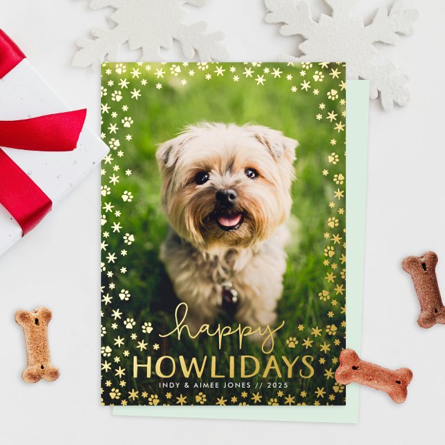 Happy Howlidays Pet Lover Gold Foil Holiday Card (funny humor happy howlidays Christmas holiday photo cards for dog people with real foil paw prints)
