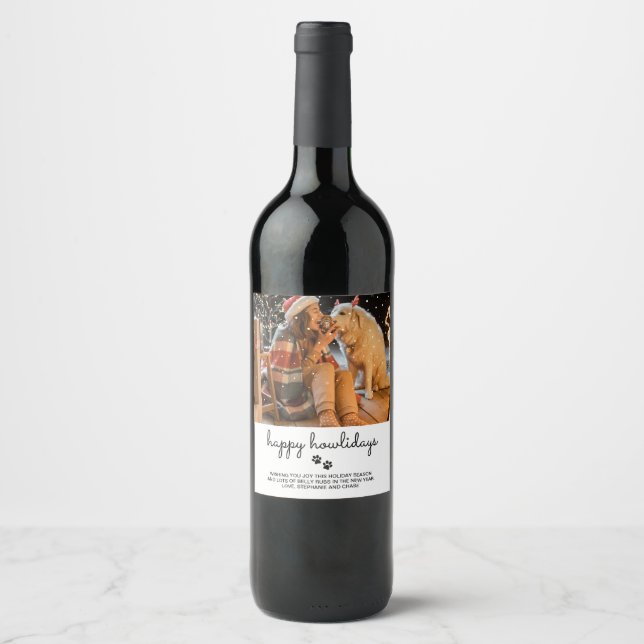 Happy Howlidays Pet Photo Holiday Gift Wine Label (Front)