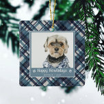 Happy Howlidays Plaid Dod Photo Christmas Ceramic Ornament<br><div class="desc">Celebrate your furry family member with these festive photo Christmas ornaments. They feature a blue diagonal plaid design in the background,  along with photo of your dog,  the greeting 'Happy Howlidays',  your pets name and year.</div>