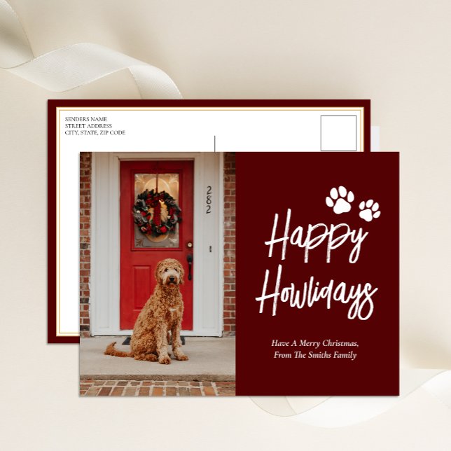 Happy Howlidays Red Calligraphy Pet Photo Holiday Postcard (Creator Uploaded)