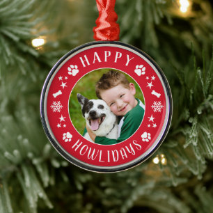 Happy Howlidays Red Custom Dog Photo Metal Tree Decoration