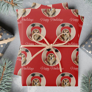 Happy Howlidays Red Dog Pet Photo  Wrapping Paper Sheet