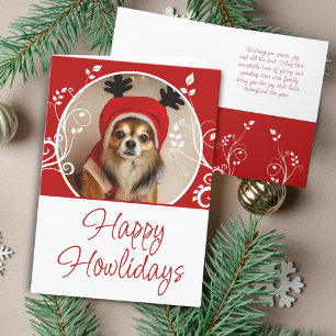 Happy Howlidays Red Foliage Dog Name Photo  Holiday Card