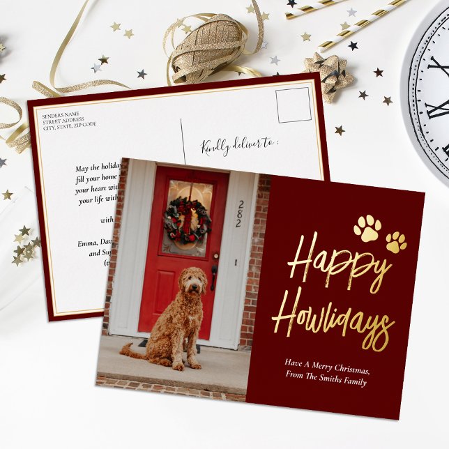 Happy Howlidays Red Gold Calligraphy Pet Photo Foil Holiday Postcard (Creator Uploaded)