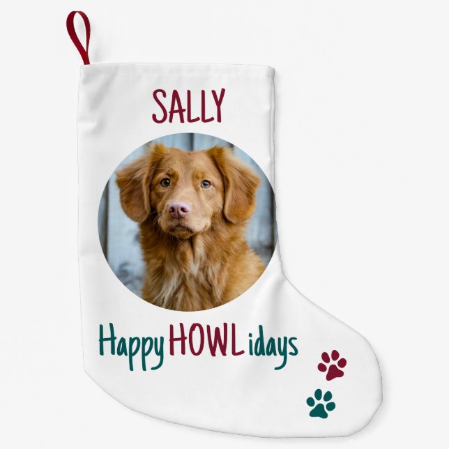 Happy HOWLidays Red Green Christmas Pet Photo Small Christmas Stocking (Front)