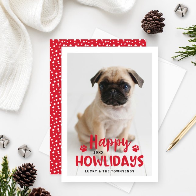 Happy Howlidays Red Puppy Dog Photo Holiday Card (Creator Uploaded)