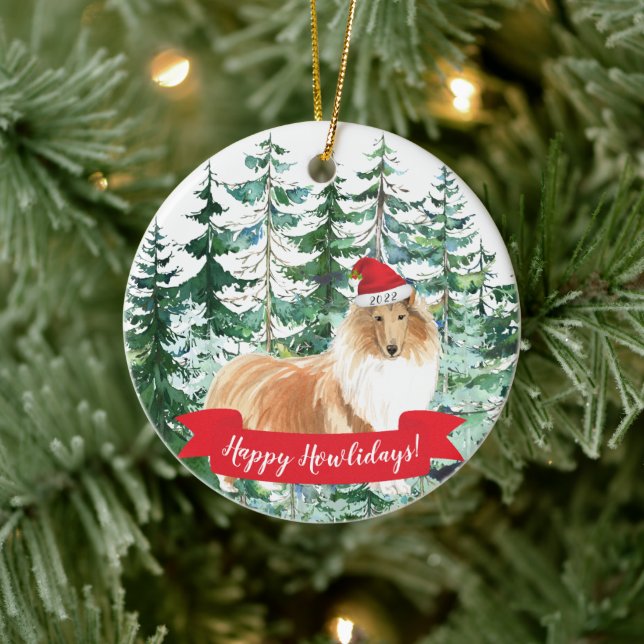 Happy Howlidays Rough Collie Dog Christmas Ornamen Ceramic Tree Decoration (Tree)