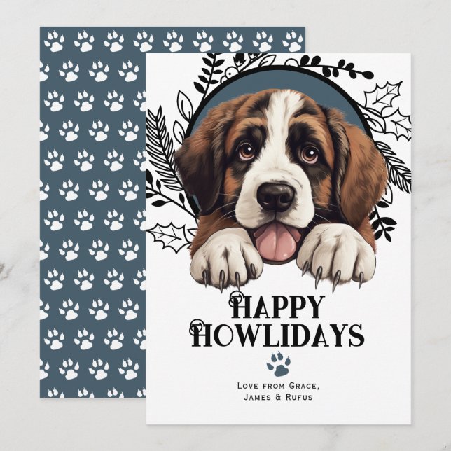 Happy Howlidays Saint Bernard Dog Christmas Holiday Card (Front/Back)