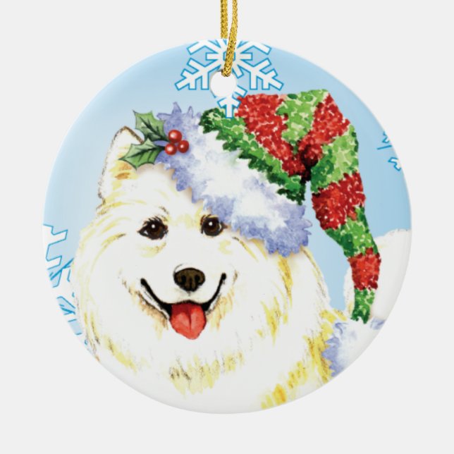 Happy Howlidays Samoyed Ceramic Tree Decoration (Front)