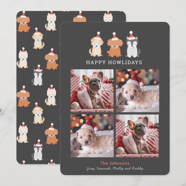 Happy Howlidays Santa Puppies Cream 4 Photos Grey Holiday Card (Front/Back)