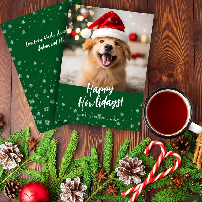 Happy Howlidays Script Green Dog Photo  Holiday Card (Happy howlidays pet dog christmas card with snow overlay)
