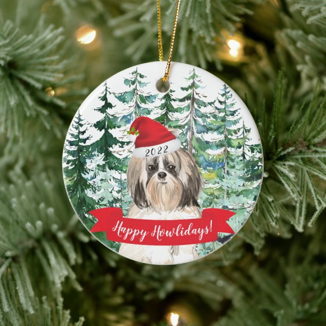 Happy Howlidays Shih tzu Longer Hair Dog Christmas Ceramic Tree Decoration (Tree)