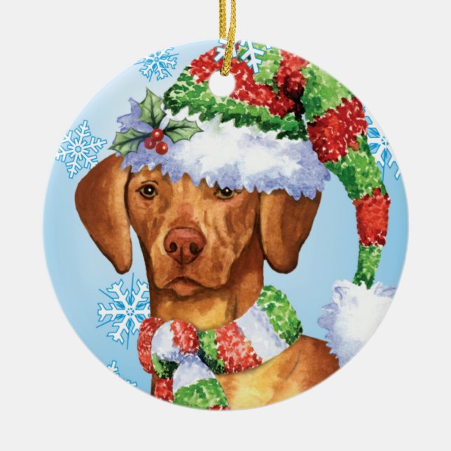 Happy Howlidays Vizsla Ceramic Tree Decoration (Front)