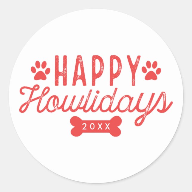 Happy Howlidays | White and Red Holiday Classic Round Sticker (Front)