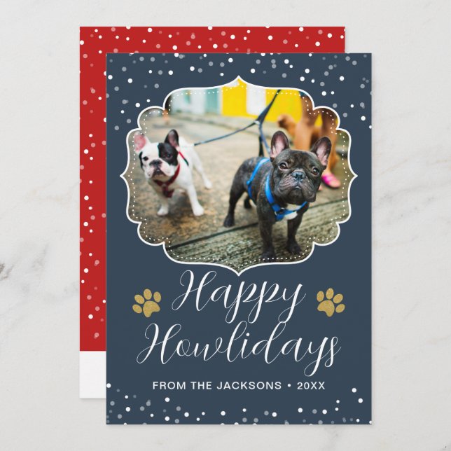 Happy Howlidays White Script Pet Dog Photo Holiday Card (Front/Back)