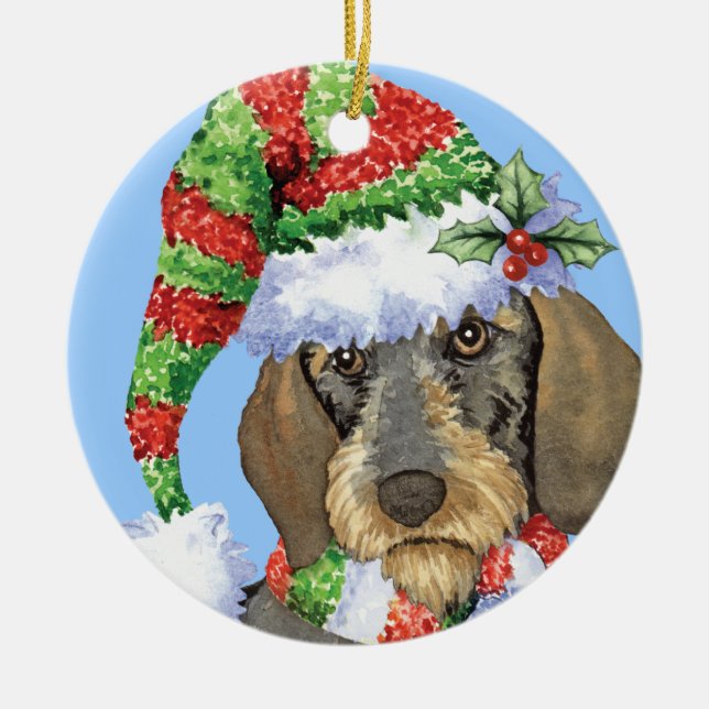 Happy Howlidays Wirehaired Dachshund Ceramic Tree Decoration (Front)