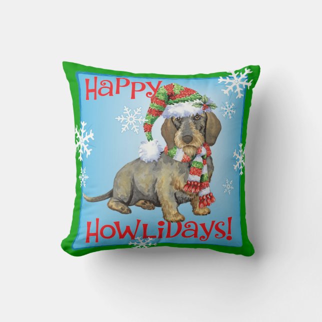 Happy Howlidays Wirehaired Dachshund Cushion (Front)