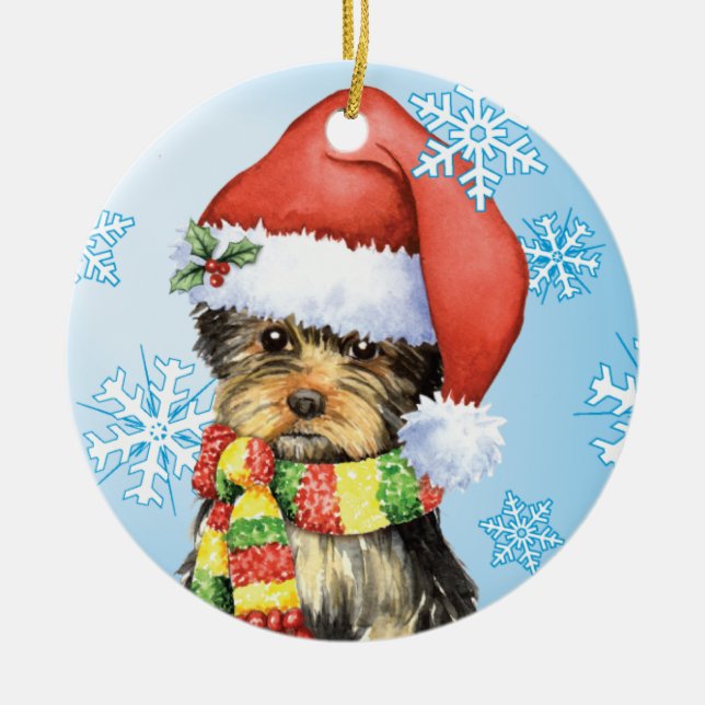 Happy Howlidays Yorkie Ceramic Tree Decoration (Front)