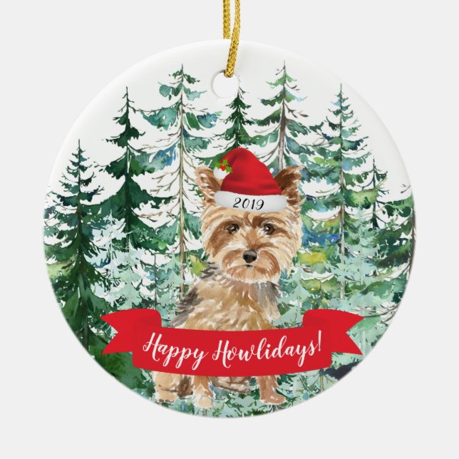 Happy Howlidays Yorkshire Terrier Dog Christmas Ceramic Tree Decoration (Front)
