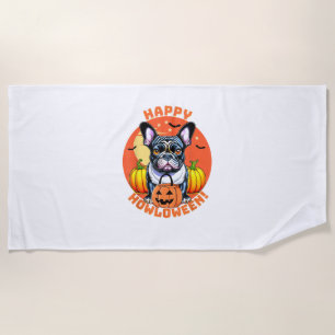 Happy Howloween French Bulldog frenchie dog hallow Beach Towel