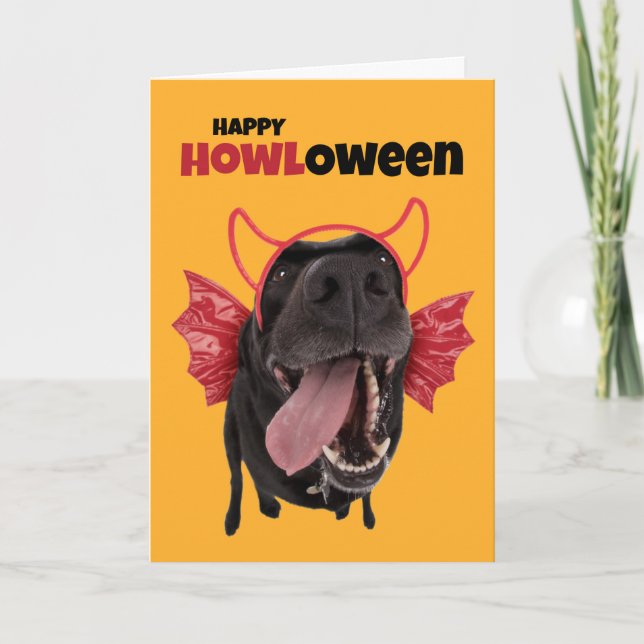 Happy HOWLoween Funny Dog in Halloween Costume Holiday Card (Front)