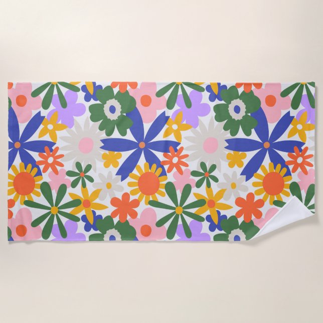 Happy Huge Primary Colour Flowers Explosion Beach Towel (Front)